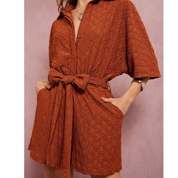 Boho Rust Batwing Sleeve Button Belted Romper - Picture 5 of 5